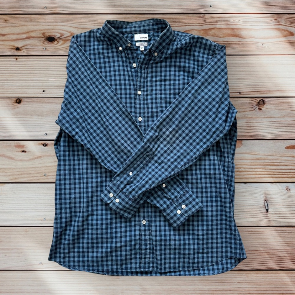 Men's Sonoma XL Long Sleeve Navy/Light Blue Plaid Casual Button Down Shirt